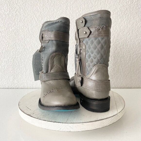 Lane Boots Womens Gray Leather Canvas Mid-Calf Western Moto Style Zip Size 7.5 - Picture 1 of 11